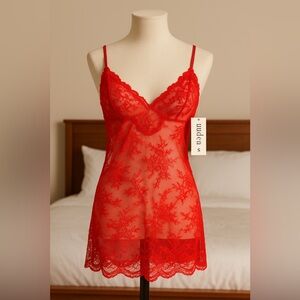 NWT Auden Red Lace Slip Dress Small Sheer Adjustable Straps
